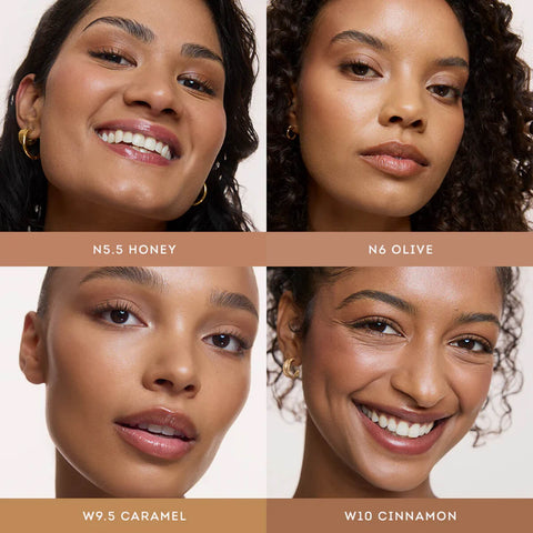 Four close-up views of a woman's face with brown skin tones.