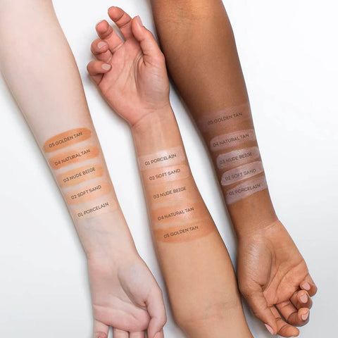 Three arms with different skin tones displaying BB cream swatches on a white background.