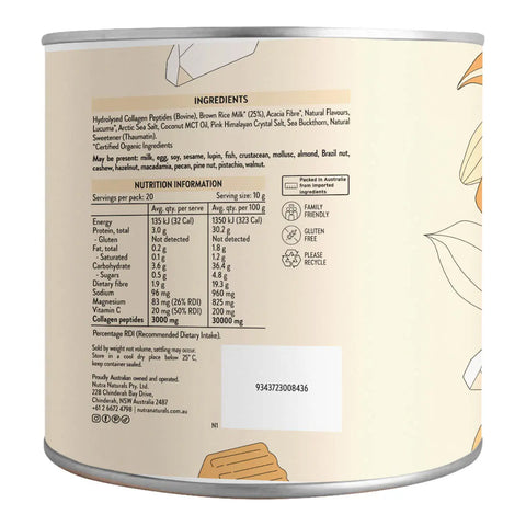 Nutritional information label on a product container with illustrations of fruits.