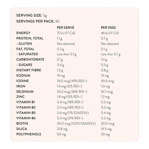 A nutrition facts panel for Hair Ritual, showing nutritional information per serve and per 100g on a pale pink background.