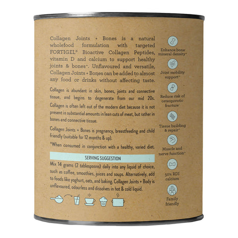 Side of 225g container Nutra Organics Collagen Joints + Bones, showing description and serving suggestion.