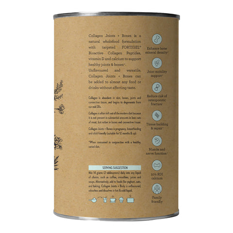 Side of 450g container Nutra Organics Collagen Joints + Bones, showing description and serving suggestion.