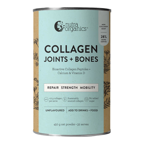 450g container Nutra Organics Collagen Joints + Bones, unflavoured collagen, calcium, and vitamin D powder to support mobility and healthy bones.