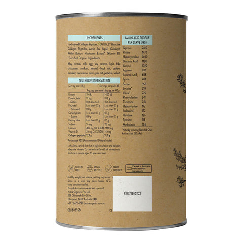 Side of 450g container Nutra Organics Collagen Joints + Bones, showing ingredients and nutrition information.
