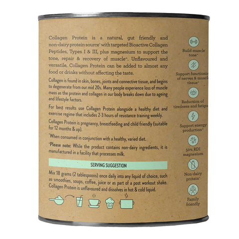 Side view of Nutra Organics Collagen Protein 225g product with text on a white background.