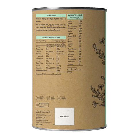 Back view of Nutra Organics Collagen Protein 450g product with nutritional information and ingredient list on a white background.
