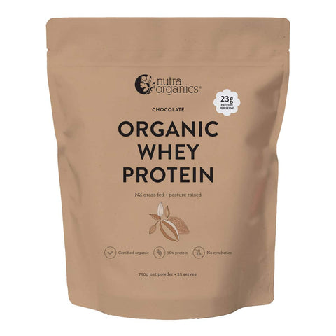 Brown package of Nutra Organics Organic Whey Protein - Chocolate 750g on a white background.