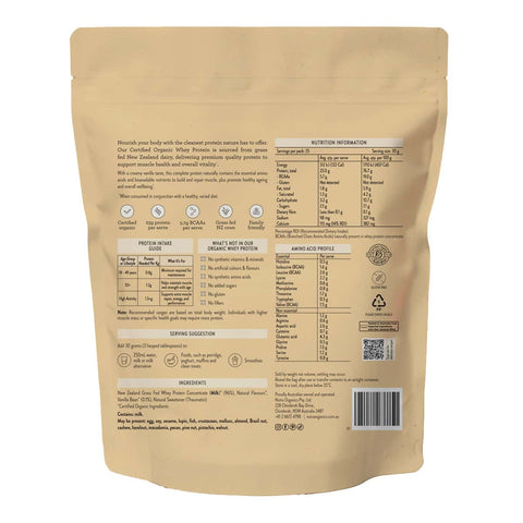 Back view of Nutra Organics Organic Whey Protein - Vanilla 750g package with nutritional information & ingredients listed.