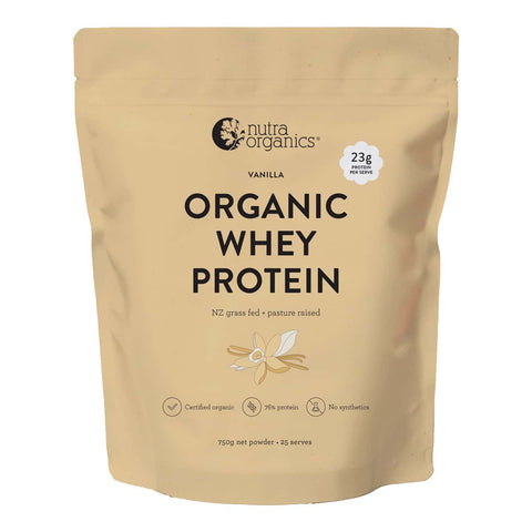 Beige package of Nutra Organics Organic Whey Protein - Vanilla 750g on a white background.