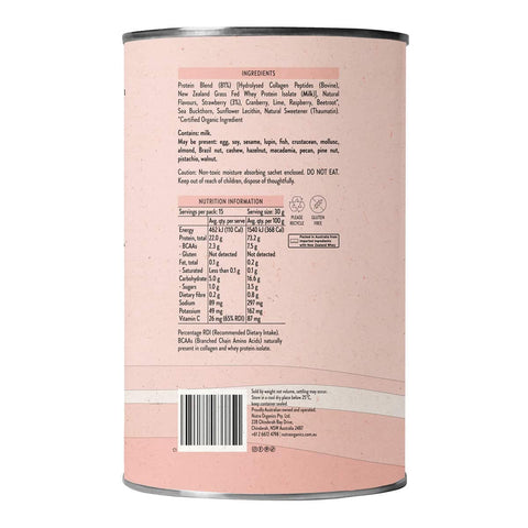 Pink Nutra Organics Protein Water - Berry Bliss 450g protein powder container with text and nutrition information.