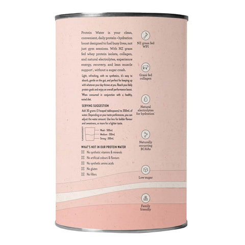 Pink Nutra Organics Protein Water - Berry Bliss 450g container with text.