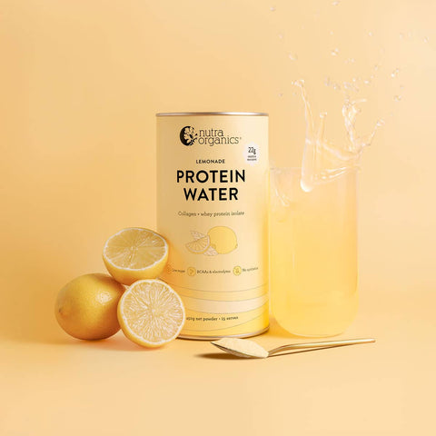 Can of Nutra Organics Protein Water - Lemonade with lemons on a yellow background.
