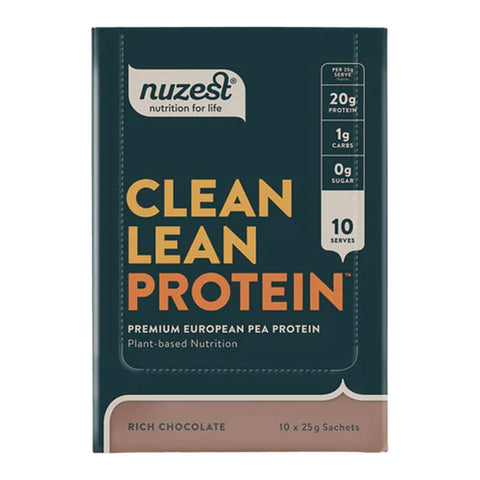 Nuzest Clean Lean Protein packaging with dark green background and orange text.
