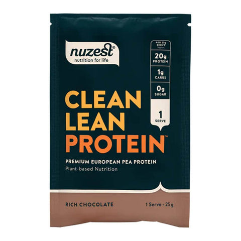 Nuzest Clean Lean Protein package with dark green and brown design on a white background.