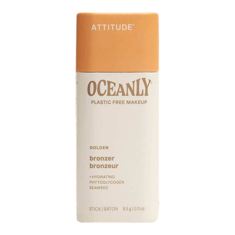 Oceanly plastic free bronzer stick - golden shade with brown cap on a white background.