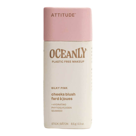 Oceanly plastic free blush stick - silky pink shade with pale pink cap on a white background.