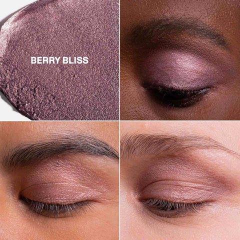 Close-up of Berry Bliss eyeshadow on skin with swatch and close-up of eye.