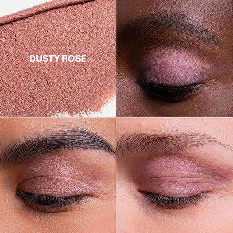 Close-up of dusty rose eyeshadow on skin with swatch and close-up of eye.