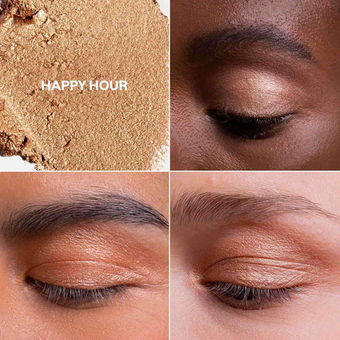 Close-up of happy hour eyeshadow on skin with swatch and close-up of eye.