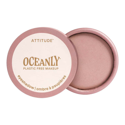 Oceanly plastic free eyeshadow - pretty in pink shade with pale pink tones on a white background.
