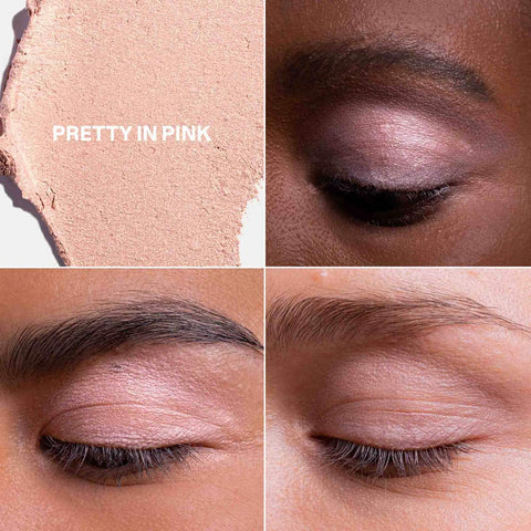 Close-up of pretty in pink eyeshadow on skin with swatch and close-up of eye.