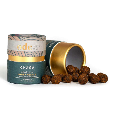 Ode Health Chaga Mushroom Honey Pearls 21 pearl cardboard tube pack. One week supply. Boost your defenses.
