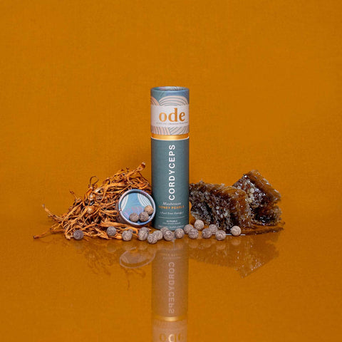 Ode Cordyceps mushroom supplement tube on an orange background with mushrooms & honeycomb.