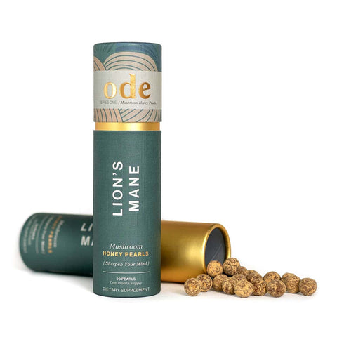 Lion's Mane mushroom honey pearls packaging with open lid on a white background.