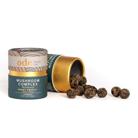 Ode Health Mushroom Complex Honey Pearls 21 pearl cardboard tube pack. One week supply. Thrive daily.