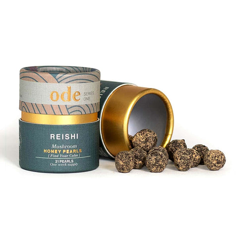 Ode Health Reishi Mushroom Honey Pearls 21 pearl cardboard tube pack. One week supply. Find your calm.