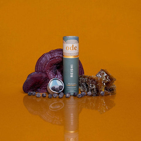 Ode Reishi mushroom supplement tube on an orange background with mushrooms & honeycomb.