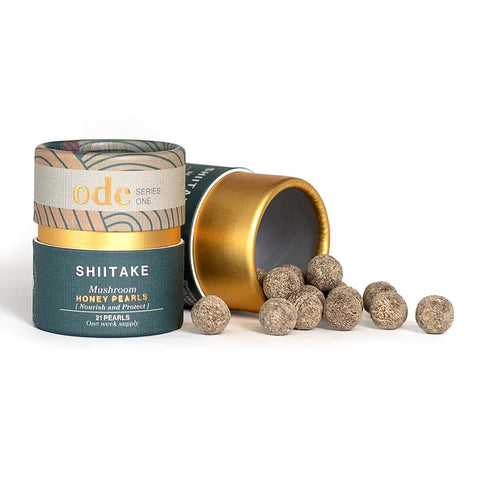 Ode Health Shiitake Mushroom Honey Pearls 21 pearl cardboard tube pack. One week supply. Nourish & protect.
