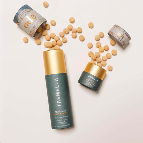 Ode Health Tremella Mushroom honey pearls 21 pearl pack and 90 pearl pack. Pearls spilling out on a white background. 