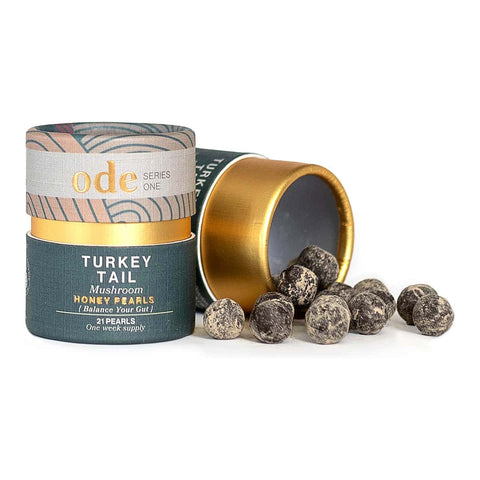 Ode Health Turkey Tail Honey Pearls 21 pearl cardboard tube pack. One week supply. Balance your gut.