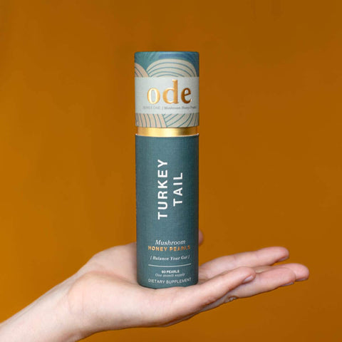 Hand holding tube of Turkey Tail Mushroom Honey Pearls against an orange background. 