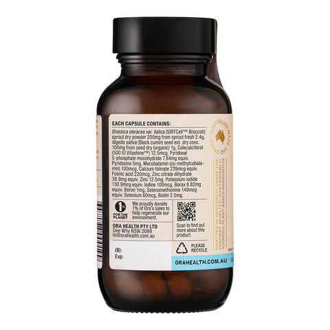 Back view of a brown supplement bottle with label on a white background