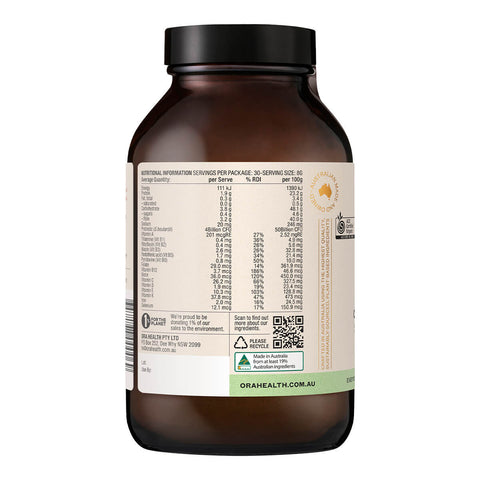 Left side 240g jar Ora Organic Greens Superpowder+, showing nutritional information.