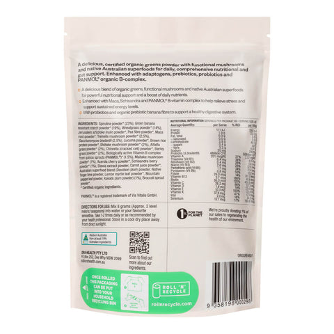 Back of 480g pouch Ora Organic Greens Superpowder+, showing benefits, ingredients, nutritional information, and directions.