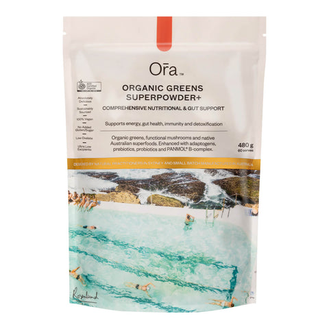 480g pouch Ora Organic Greens Superpowder+, vegan supplement to support energy, gut health, immunity, and detox.