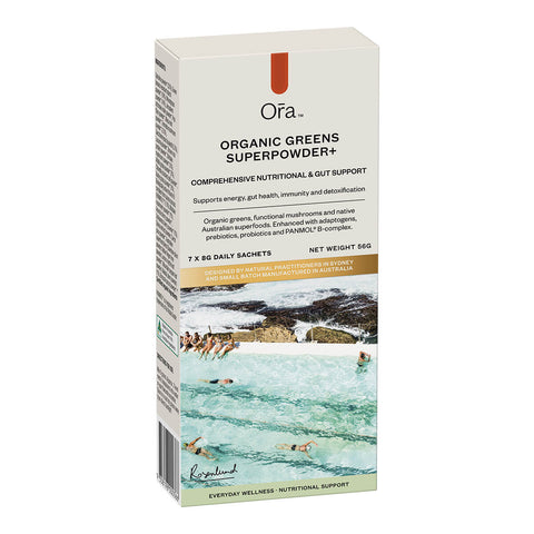 Box containing 7 x 8g sachets Ora Organic Greens Superpowder+, vegan supplement to support energy, gut health, immunity, and detox.