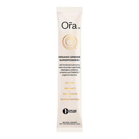 Front of Ora Organic Greens Superpowder+ sachet, vegan supplement supporting energy, immunity, gut health, and detox.