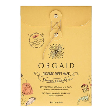 Orgaid organic sheet mask packaging with illustrations on a yellow background.