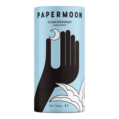 Papermoon Clean Deodorant - Aloe & Agave 75g packaging with a blue background and black and white illustrations.
