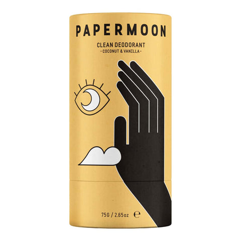 Papermoon Clean Deodorant -Coconut & Vanilla 75g stick with hand and moon design on a white background.