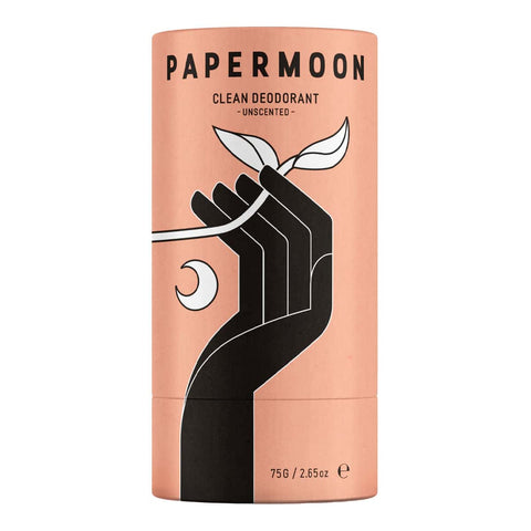 Papermoon Clean Deodorant - Unscented 75g stick packaging with a hand holding leaves design on a white background.