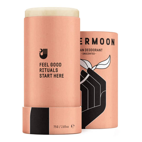 Copper-colored Papermoon Clean Deodorant - Unscented 75g stick with 'Evermoon' branding on a white background.