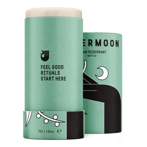 Green Papermoon Clean Deodorant - Wattle 75g stick with branding and text on a white background.