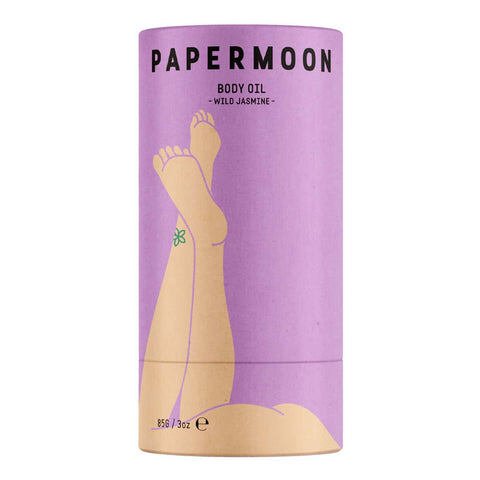 Purple cylindrical container of Papermoon Body Oil- Wild Jasmine 85g with a silhouette of a woman's leg on a white background.