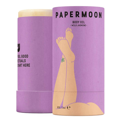 Purple cylindrical container of Papermoon Body Oil- Wild Jasmine 85g with a depiction of legs and jasmine flower.