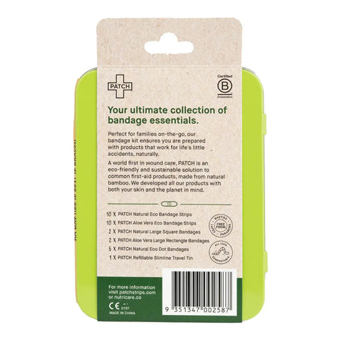 Back of a PATCH bandage kit packaging with product details on a white background. Includes a variety of bandages with 29 in total. 100% compostable.